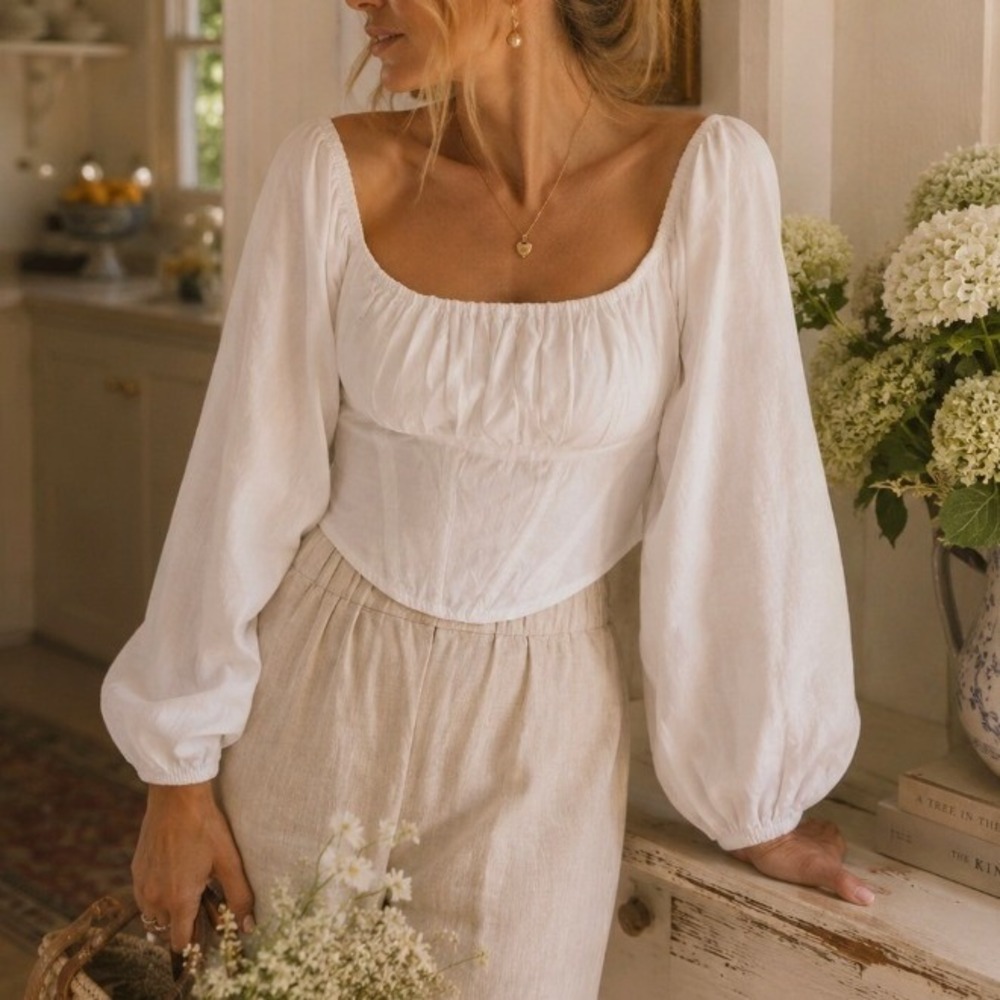 Japna Cotton Corset Puff Sleeve Crop Top XS White Romantic Cottage Milkmaid Boho - Picture 1 of 4